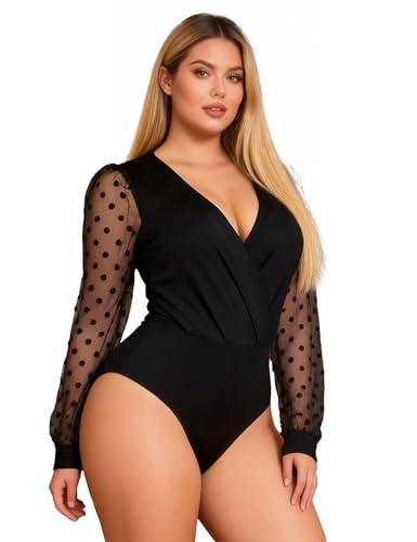 ohyeahlady Women's Bodysuits Long Sleeve Mesh Bodysuit with Polka Dot Sleeves Lace Bodysuit Leotard Tops Body Suits Ladie Sexy Outfits UK 18