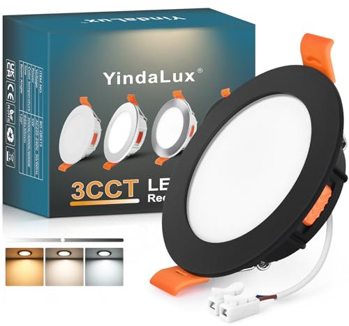 YindaLux Spot LED Encastrable 68mm 5W 550LM Spots de plafond IP44 Spot salle de bain, Blanc Chaud 3000K Blanc Neutre 4000K Blanc Froid 6000K Réglable, Trou Φ65-75mm, AC220-240V, Lot de 1, Noir