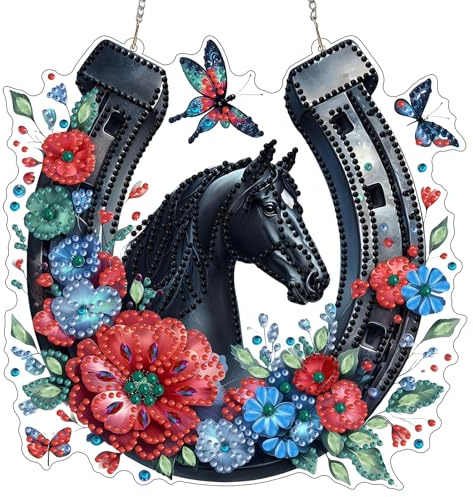 MXJSUA Blumenpferd Diamond Painting Anhänger mit Kette Erwachsene, Diamant Painting Fensterbilder Hängende Ornament Bastelset Set für Wand Und Eingang Decor 20x20CM