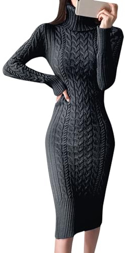 Sweater Roll-Neck Pullover Dresses for Women, Knitted, Bodycon Midi Sweater Dresses, Wedding Dress, black, L