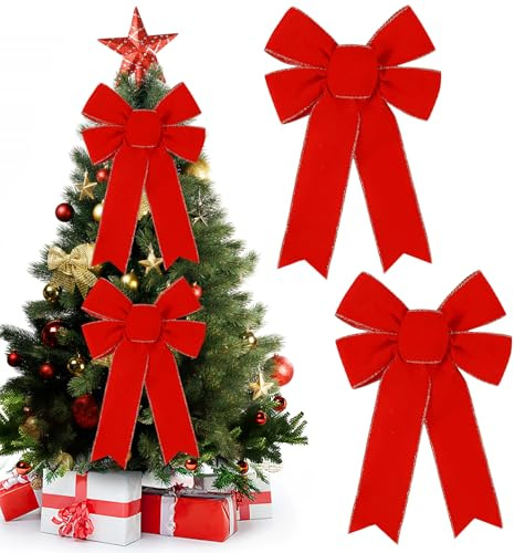 Fiocchi per Albero di Natale, 2 Pezzi Fiocco Rosso per Albero di Natale, 33 × 23cm Fiocchi Velluto Alberos di Natales, Fiocco Rosso Porta Natales per Ghirlande, Scatole Regalo, Finestra (2 Pezzi)