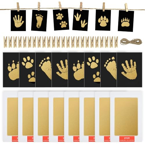 Juego de 8 impresiones de manos y huellas de bebé, juego de impresión de bebé, almohadilla de tinta de tacto limpio con 8 almohadillas de tinta Clean Touch, 24 pinzas y grapas, cuerda para regalo de