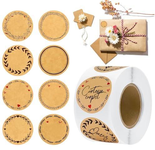 Freyeeti Lot de 500 étiquettes en papier kraft - Rondes - 8 styles - Autocollants cadeaux faits à la main pour pots de confiture, sacs cadeaux, enveloppes