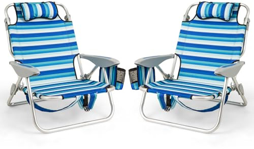 COSTWAY Folding Backpack Beach Chair, Adjustable Position Camping Chair with Headrest, Towel Rack and Storage Pockets, Outdoor Sun Lounger for Picnics, BBQ & Fishing (2, Striped Blue)