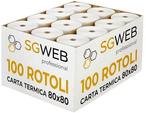 SGWEB Professional Rotoli Carta Termica 80x80 per Registratore di Cassa Fiscale - Rotolo Scontrini per Stampante Termica e POS, Alta Qualità di Stampa, Foro 12 mm, Senza BPA, Colore Bianco (100 pz)