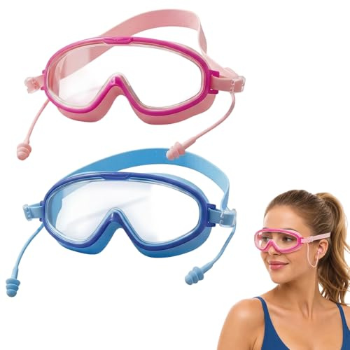 AUYFUA 2 PCS Girls Swimming Goggles, Swimming Goggles, Two Swimming Goggles with Earplugs in Pink & Blue, Ideal for Female Aquatic Enthusiasts, For Those Who Enjoy Swimming, Pink & Blue