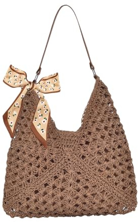 HTTDSLF Bolsos de Paja Mujer Verano, Elegante Bolso de Mano Bohemio, Práctico Bolso de Hombro Rafia para Mujer, Bolsos Tejidos Crochet, Tote Bag Para Viaje Fiesta Vacaciones