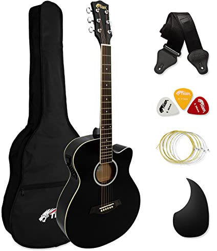 TIGER ACG4-BK Full-Size Elektro-Akustische Gitarre, Paket für Anfänger, mit eingebautem Tuner und EQ - Schwarz