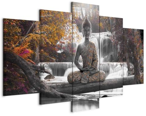 Cuadros B&D XXL - Cuadro en Lienzo Buda Buddha 200x100 cm 5 Piezas - Cuadros decorativos Decoracion Decorativo para Pared modernos dormitorios impresión artística - Oriente Zen Cascada c-A-0021-b-p