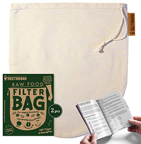 NECTARBAR Nussmilchbeutel 2er Set Baumwolle 25 x 30 cm – Nut Milk Bag – Filterbeutel für Mandelmilch, Nussmilch & Säfte – Entsaften – mit Kordelzug – plastikfrei – Made in Germany