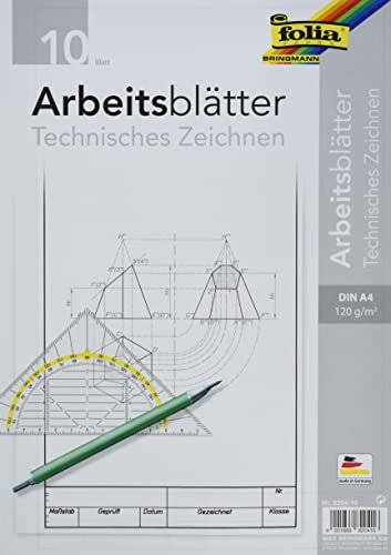 folia 8204/10 - Zeichenpapier, Block mit Arbeitsblättern für technisches Zeichnen, DIN A4, 10 Blatt, 120 g/qm, weiß, mit Vordruck