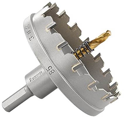 Starrett Tungsten Carbide Tipped Hole Saw - SM85 Sheet Metal Cutter With Arbor & Pilot Drill Bit - For Drilling Stainless Steel Aluminum Alloy - 85 mm