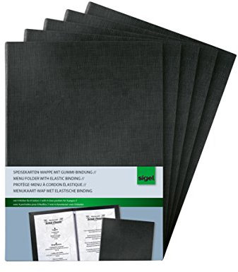 SIGEL SM115/5 Speisekarten-Mappen / Präsentationsmappen mit Gummi-Bindung für A5, 5-er Pack, schwarz mit edler Leinenstruktur, strapazierfähig und leicht abwischbar