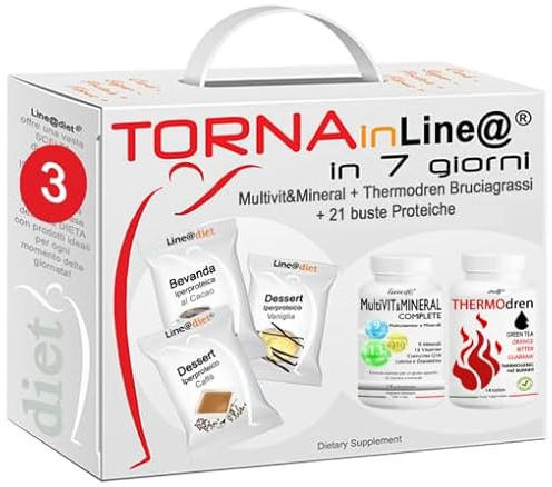 Alimenti Proteici KETO in Kit COMPLETO TornainLine@ in 7 Giorni: DOLCE 3-21 preparati PROTEICI (buste proteiche) senza Carboidrati e Zuccheri, un kit completo di TERMOGENICO e MULTIVITAMINICO!