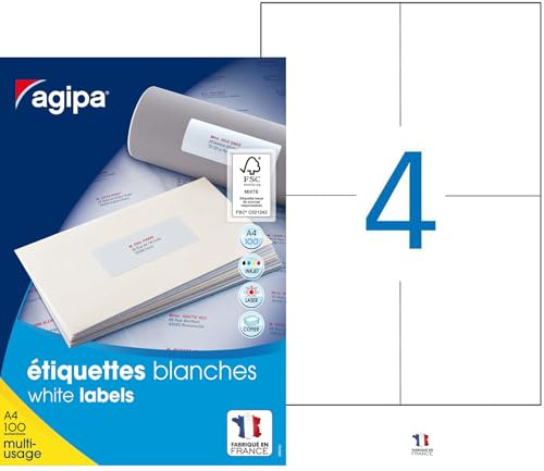 AGIPA Bte 400 étiquette 105x148,5 mm (4 x 100F A4) Multi-usage Coin Droit Permanent Blanc
