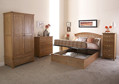 GFW Madrid King Size Ottoman Bed Frame, Oak Wooden Storage Bed with Spindle Headboard, Country Style Lift-Up Ottoman Bed, 5ft Bedroom Furniture