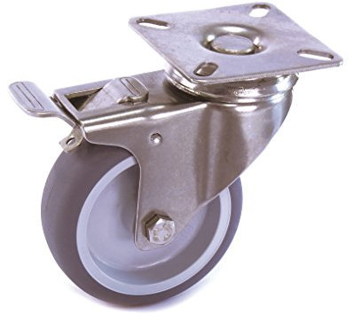 Edelstahlrolle 50 mm Gummi grau spurlos Anschraubplatte mit Bremse V2A INOX Transportrolle Apparaterolle aus Edelstahl Platte