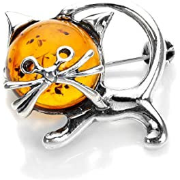 Sayers London Sterling Silber und Baltischer Bernstein Katze Brosche