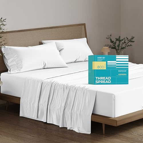 THREAD SPREAD 100% Egyptian Cotton Sheets King Size - 4 PC 800 High Thread Count Egyptian Cotton King Size Bed Sheets Set (White), Soft, Cooling, 16 Deep Pocket Sateen Weave Luxury Hotel Bedsheet