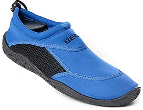 BECO Wasserschuhe Damen & Herren – Neopren Badeschuhe mit Netzeinsatz & Gummisohle, elastische Surfschuhe ideal für Wassersportaktivitäten – in Blau/Schwarz , Größe: 38