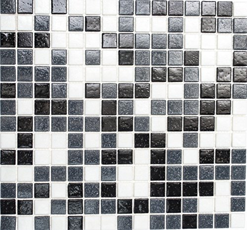 Mosaik, fyrkantig blandning, vit/grå/svart glasmosaik med effektfläckar, kakelspegel, mosaiksten format: 20 x 20 x 4 mm, bågstorlek: 327 x 305 mm, 10 ark