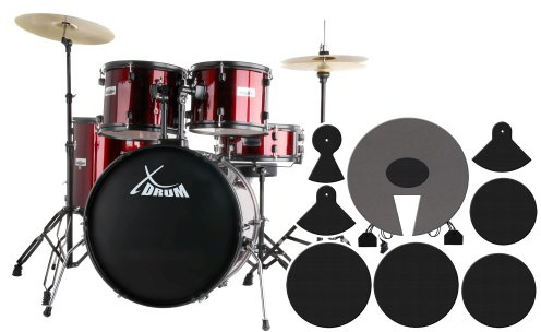 XDrum Rookie Schlagzeug Set Drumset Rot (22 BD, 12, 13, 16 TT, 14 SD, Übungsbecken bestehend aus einem Satz Hi-Hat-Becken 14 und 1 Crash-Ride-Becken 16, inkl. Schule und Schlagzeugdämpferset)