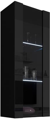 MB Muebles Bonitos, Vitrina Colgante Nora V2 para Salón o Comedor Moderno con Luz LED, Mueble Modular, Puerta de PVC Alto Brillo, Estructura Melamina Mate, Color Negro, 40x126x29 cm