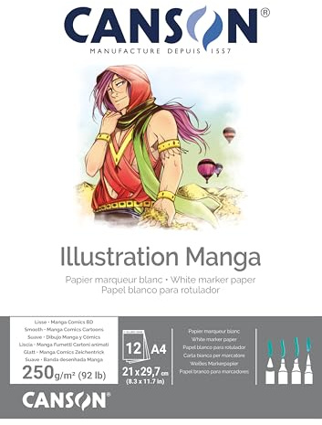 Canson Illustration blocco collato lato corto per illustrazione, fumetti e manga, carta liscia e bianchissima, A4, 12 fogli, 250g/m