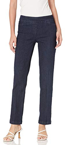 SLIM-SATION Women's Wide Band Pull-On Relaxed Leg Pant with Tummy Control, 12, Denim