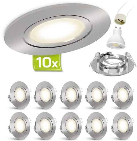 linovum 10er Set Einbaustrahler LED GU10 230V - runde Einbauspots Edelstahl gebürstet Optik inkl. LED GU-10 neutralweiß 3W