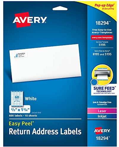 Avery® Printable Return Address Labels, Sure Feed® Technology, 2/3 x 1-3/4, White, Laser & Inkjet Compatible, 600 Blank Labels Total, Great for Mailing, Branding, and More (18294)