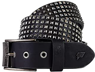 Lowlife of London Belts Shrink 5 Row Pyramid Leather Belt in Black Pewter Medium, Studded Punk Goth Rock Pyramid Belt, Metal Stud Five Row Rivet for Men and Women