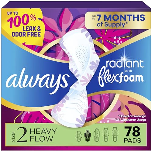 Always Radiant Feminine Pads for Women, Flexfoam Pads with Wings, Size 2, Heavy Absorbency, Lightly Scented, 78 Count (3 Packs of 26)