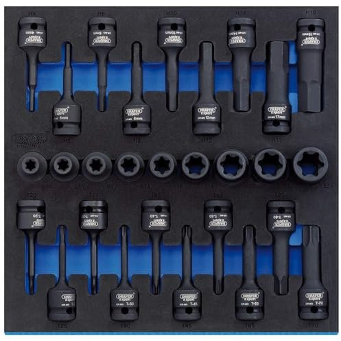 Draper 63490 1/2 Square Drive Impact TX-Star and Hex Socket 28 Piece Set in 1/2 Eva Insert Tray , Blue