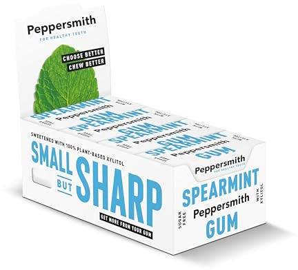 Peppersmith - Spearmint Chewing Gum - Xylitol Gum - Sugar Free Gum - 100% Plant Based Xylitol - Breath Freshener - Benefits Oral Health - Pocket Pack - 12x15g
