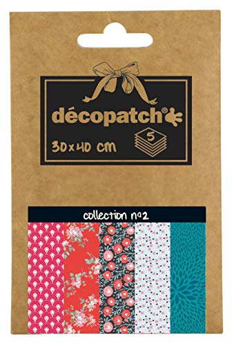 Decopatch DP002O - A pocket of 5 sheets of Decopatch Paper, Printed Paper, 30x40 cm, assorted and colored patterns.