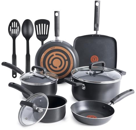 T-fal 32406041356 Signature Nonstick Dishwasher Safe Cookware Set, Pots and Pans, Aluminum, Black