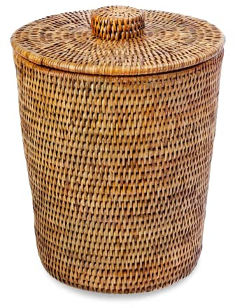 KOUBOO La Jolla Rattan Round Waste Basket With Lid & Plastic Insert, 2 Gallon Woven Wastebasket for Bathroom, Kitchen, Office, Living Room, & Home Decor, Honey Brown
