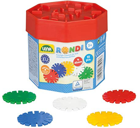 Lena 35946 Steckspiel Rondi 45 in Baudose, 55 Teile in bunten Farben, ca. 45 mm, 3 Jahre to 10 Jahr, Konstruktionsspielzeug mit Steckteilen, Mehrfarbig