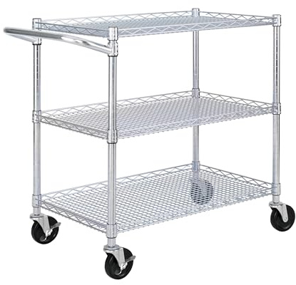 Seville Classics UltraDurable NSF Commercial Heavy Duty Metal Rolling Utility Cart, w/ Steel Shelves, Handle Bar for Restaurant, Garage, Warehouse, Kitchen, Office, Top Shelf (36W x 18D)