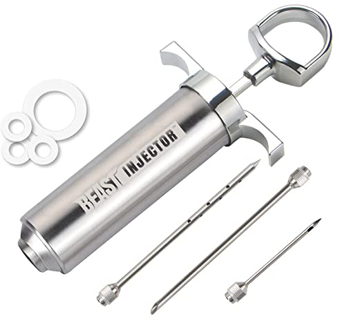 Grill BEAST - Kit de inyector de carne de acero inoxidable 304 con barril de gran capacidad de 2 onzas y 3 agujas profesionales de adobo