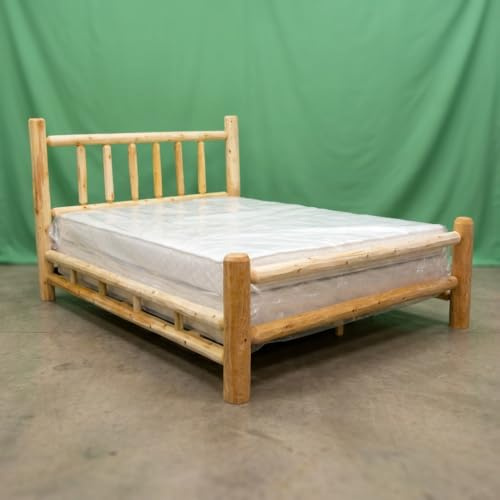 Log Bed Frame with Headboard, Queen Size - Unfinished, Natural, Solid White Cedar Wood, Heavy Duty, Amish Handcrafted in USA