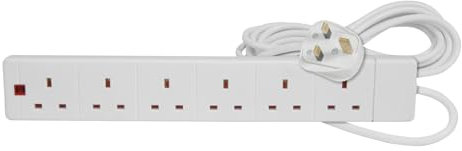 Mercury | 6 Gang UK Mains Extension Cable With Neon Power Indicator | 5 Metre White