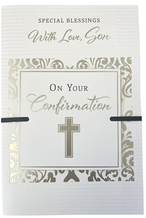 Son Confirmation Day Card - White with Gold Foil Swirls and Cross with Black Ribbon 9x6