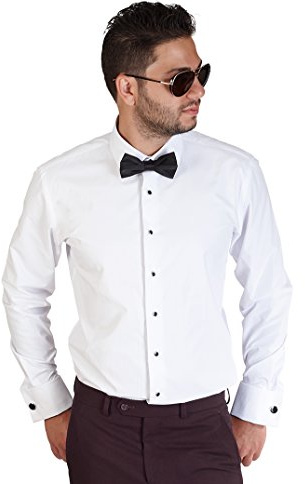 AZAR MAN Slim fit Lay Down Spread Collar French Cuff Tuxedo Shirt 15 Medium White