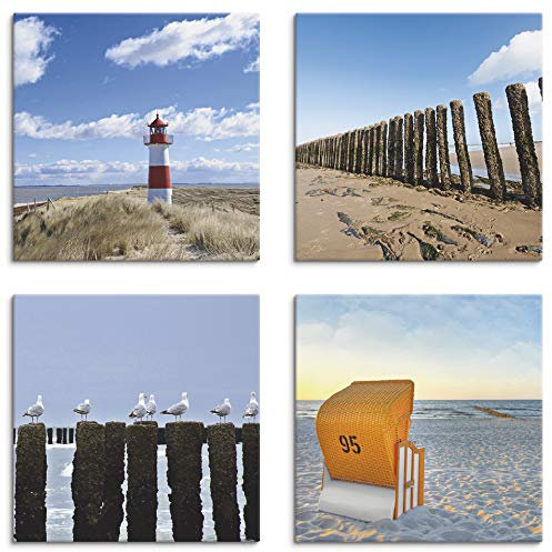 ARTLAND Wanddeko Strandbilder Leinwand Bilder Set 4 tlg. je 20x20 cm Quadratisch Wandbilder Landschaft Strand Leuchtturm Sylt Vogel Möve Strandkorb K2YI