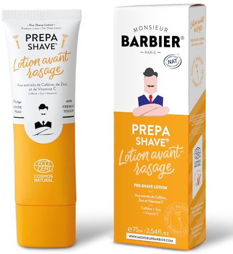 Lotion Avant Rasage de Monsieur BARBIER | Pour peaux sensibles | Caféine, Zinc & Vitamine C | Prévient irritations et poils incarnés | Végane, Naturelle et Française | Sans sulfate ni parabène | 75mL