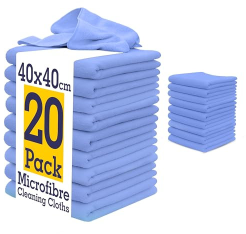 DCS Microfibre Cleaning Cloth, Blue Microfibre Cloth, Pack of 20, Large Size: 40x40cm. Super Soft Premium Streak Free Washable Microfibre Cloths for Kitchen, Bathrooms, Surfaces, Mirrors, Car & More