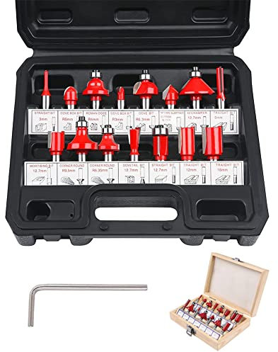 flintronic Fräser-Set, 6.35MM Fräsen Werkzeug Set, 15-TLG Holzkoffer Geschmiedeter Werkzeugstahl Oberfräser, Bündigfräser, Holzschneider mit Kunststoff-Box, Bodenreinigung für Holzbearbeitung