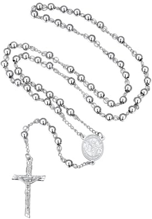 FaithHeart Collana Rosario Cristiano Medagila San Michele Argento Nero Oro Catena Lunga di Perline Preghiera 66+16 CM Collana Amuleto Gioielli Religiosi Regalo Compleanno